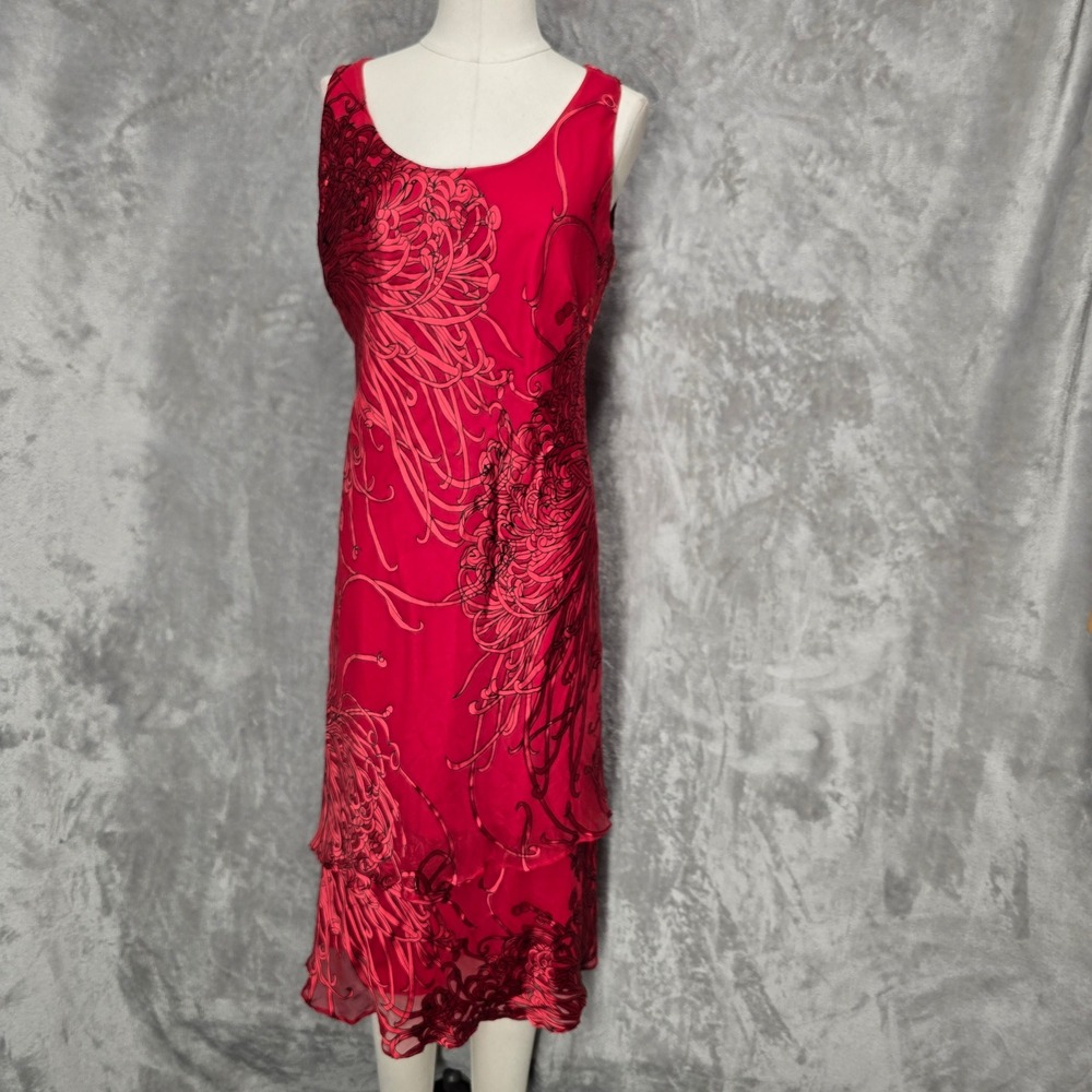 Simply Silk Midi Dress Women L Red Floral Layered Sleeveless Art Flowy Cocktail